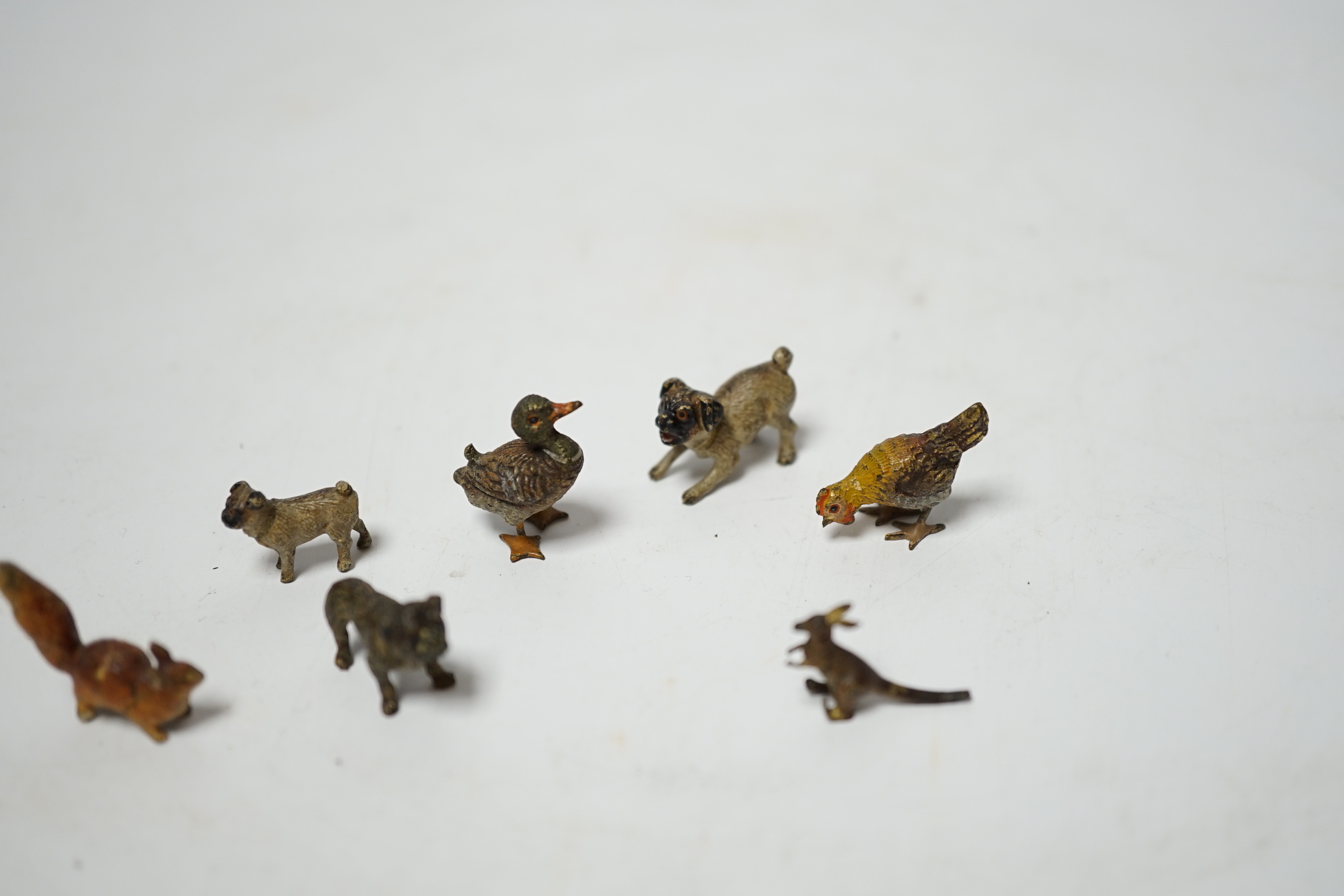 Seven tiny Austrian cold painted bronze animals, squirrel 2cm tall